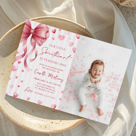 Invitación Little Sweetheart Valentine Bow 1st Birthday Photo