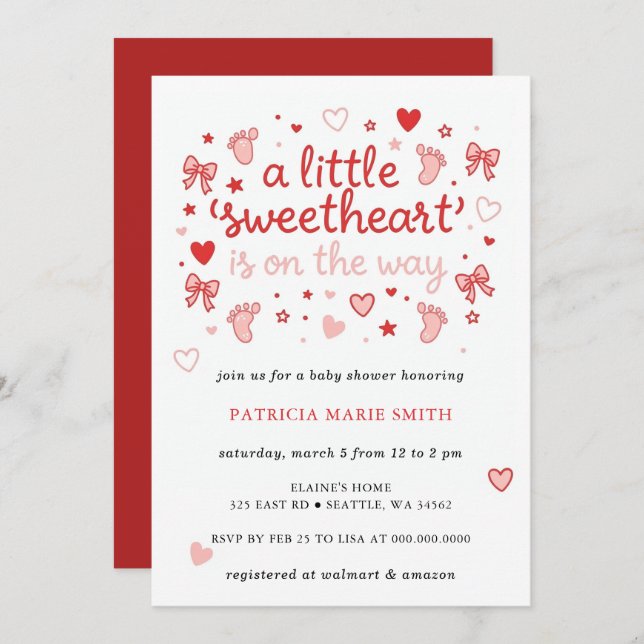 Invitación Little Sweetheart Valentines Bow Baby Shower (Anverso / Reverso)