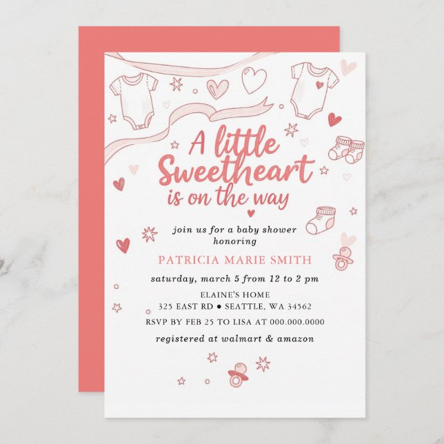 Invitación Little Sweetheart Valentines Bow Baby Shower (Anverso / Reverso)