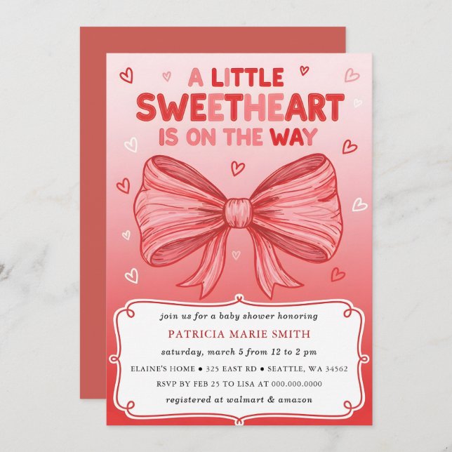 Invitación Little Sweetheart Valentines Bow Baby Shower (Anverso / Reverso)