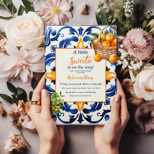 Invitación Little Sweetie Blue Tile Naranja Citrus Baby Showe