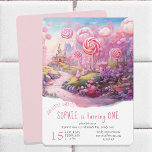 Invitación Little Sweetie Fairtytale Candy Land 1er cumpleaño<br><div class="desc">Invitación de cumpleaños de niños de cuento de hadas de Candy Land titulada "Nuestra pequeña dulzura [nombre] está regresando a la [edad]" - lo que puedes personalizar. Este fantástico diseño cuenta con un jardín de palacio con dulces gigantes. Un diseño bonito para uso durante todo el año y perfecto para...</div>