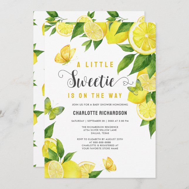 Invitación Little Sweetie Lemon Citrus Butterfly Baby Shower (Anverso / Reverso)