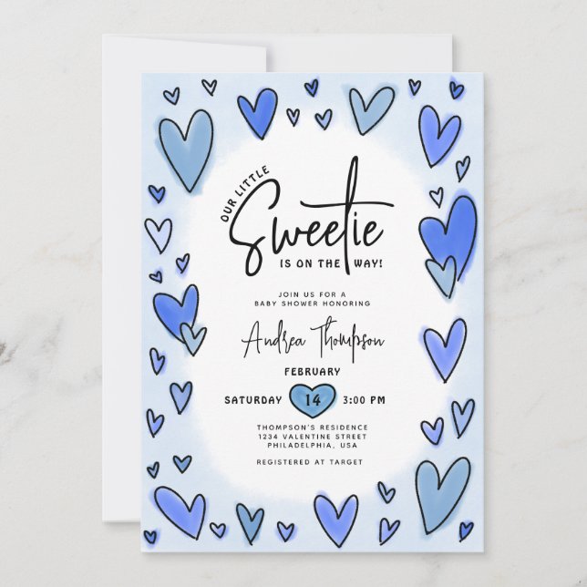 Invitación Little Sweetie Valentine Hearts Blue Baby Shower (Anverso)