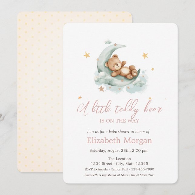 Invitación Little Teddy Bear Moon Stars Baby Shower (Anverso / Reverso)