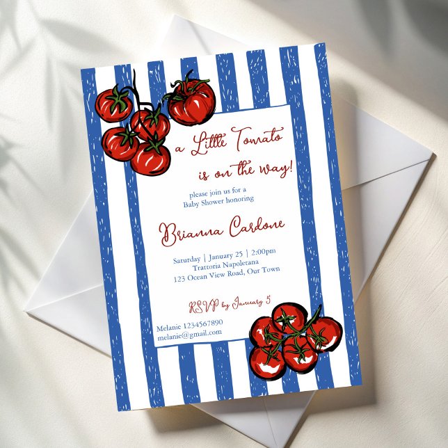 Invitación Little tomato blue stripes Italian baby shower (Little tomato blue stripes Italian  farmers market baby shower Invitation cards template)
