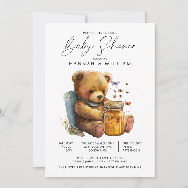 Invitación Little Watercolor Teddy Bear Baby Shower (Anverso)