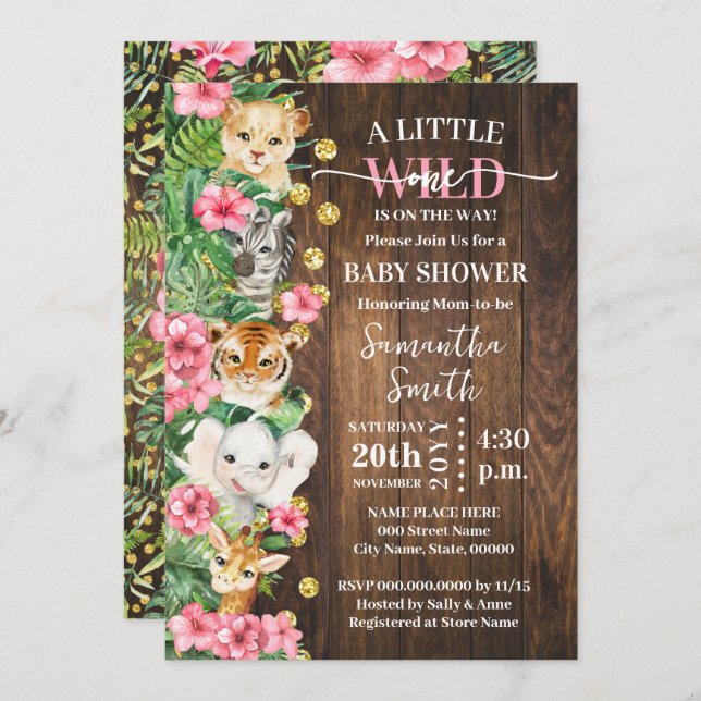 Invitación Little Wild One Rustic Safari Pink Baby Shower (Anverso / Reverso)