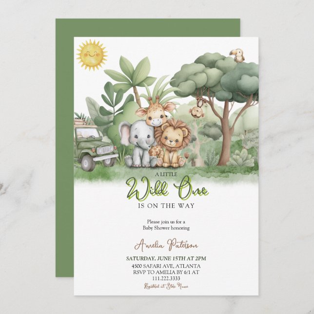Invitación Little Wild One Safari Animals Watercolor (Anverso / Reverso)