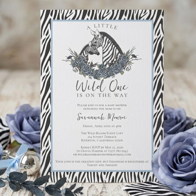 Invitación Little Wild One Zebra Safari Baby Shower Party (Little wild one zebra safari baby shower invitation boy blue jungle animal wild one party theme)