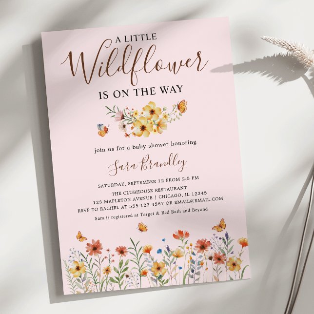 Invitación Little Wildflower Boho Watercolor Baby Shower (Little Wildflower Is on the way Soft Pink Boho Watercolor Wildflowers  Baby Shower Invitation)