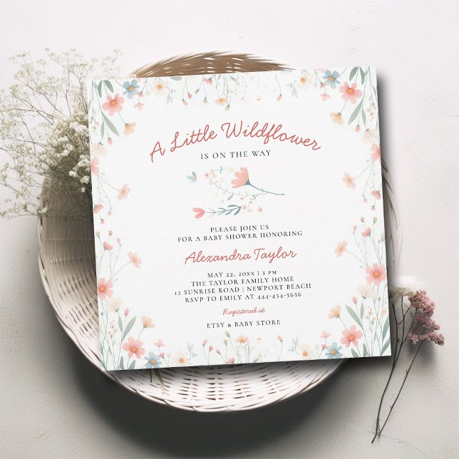 Invitación Little Wildflower Coral Verde azulado Cute Chica B (little wildflower baby girl shower invitation cottage garden watercolor pink teal tiny flowers boho )