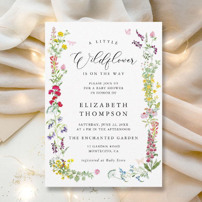 Invitación Little Wildflower Garden Chica Floral Baby Shower (a little wildflower is on the way baby shower invitation colorful watercolor elegant calligraphy)