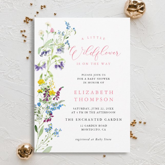 Invitación Little Wildflower Garden Chica Rosa Baby Shower (wildflowers baby shower invitation little garden elegant pink watercolor modern calligraphy)