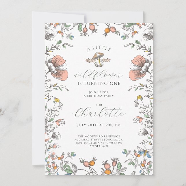 Invitación Little Wildflower Girl 1st Birthday (Anverso)