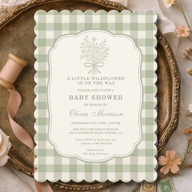 Invitación Little Wildflower Sage Green Gingham Baby Shower (Subido por el creador)