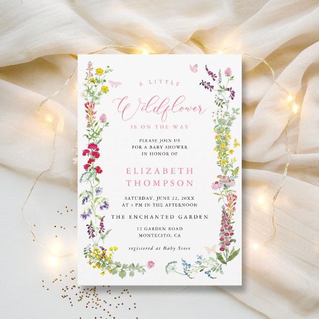 Invitación Little Wildflower Soft Floral Chica Baby Shower (a little wildflower is on the way baby shower invitation feminine watercolor elegant calligraphy )
