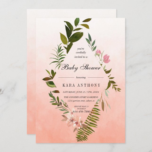 Invitación Living Coral Ombre Forest Fern Baby Shower (Anverso / Reverso)