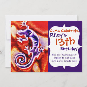 Invitación Lizard Gecko, Naranja Funky Blue Purple