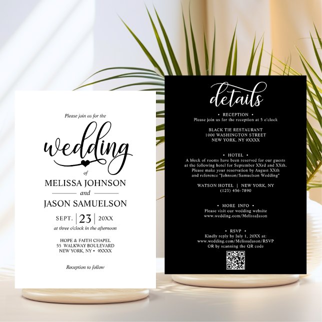 Invitación LLA blanca negra moderna EN UN Boda + código QR (Modern Black White ALL IN ONE Wedding + QR code Invitation | Details, Information, RSVP, Hotel)