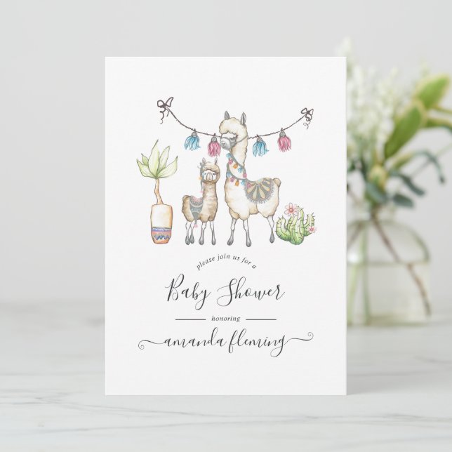 Invitación Llama a acuarela tema Baby Shower (Anverso de pie)