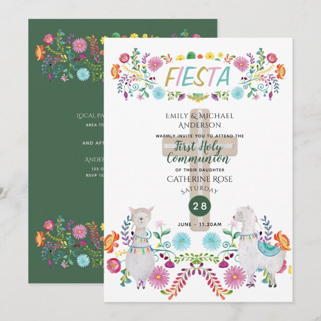 Invitación Llama a flor folclórica mexicana de Fiesta SANTA (Anverso / Reverso)