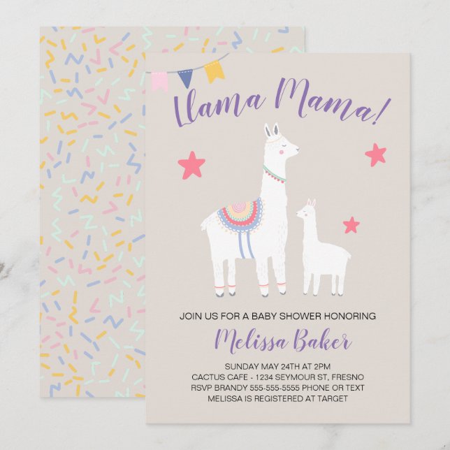 Invitación Llama a mamá bebé llama a un bonito Baby Shower (Anverso / Reverso)