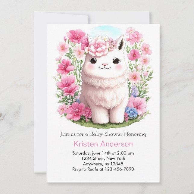 Invitación Llama Adventure espera al Chica rosado Baby Shower (Anverso)
