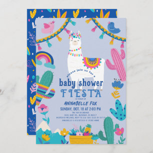 Invitación Llama Alpaca Cactus Fiesta Blue Boy Baby Shower