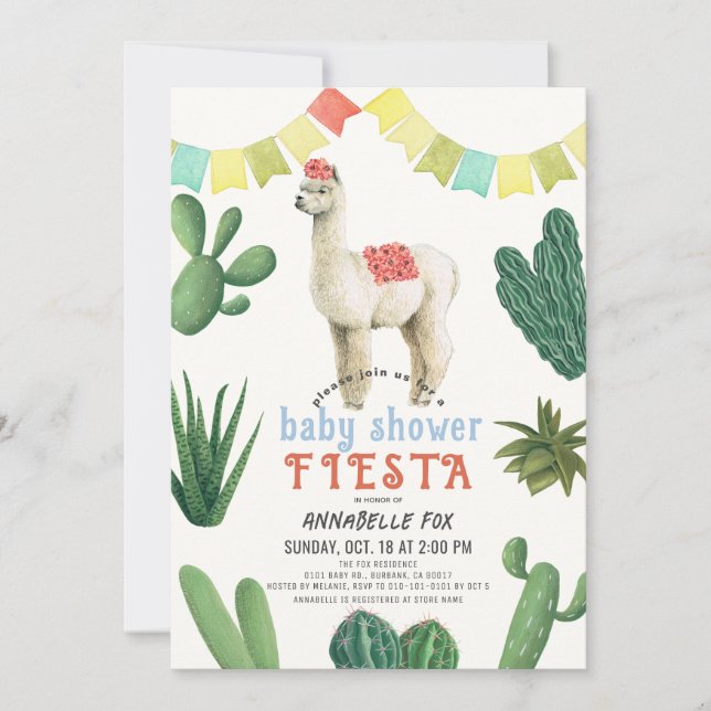 Invitación Llama Alpaca Cactus Fiesta Boy Baby Shower (Anverso)