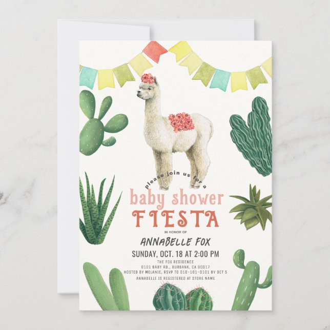 Invitación Llama Alpaca Cactus Fiesta Chica Baby Shower (Anverso)