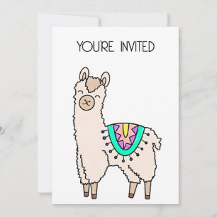 Invitación llama alpaca de dibujos animados sonriendo feliz