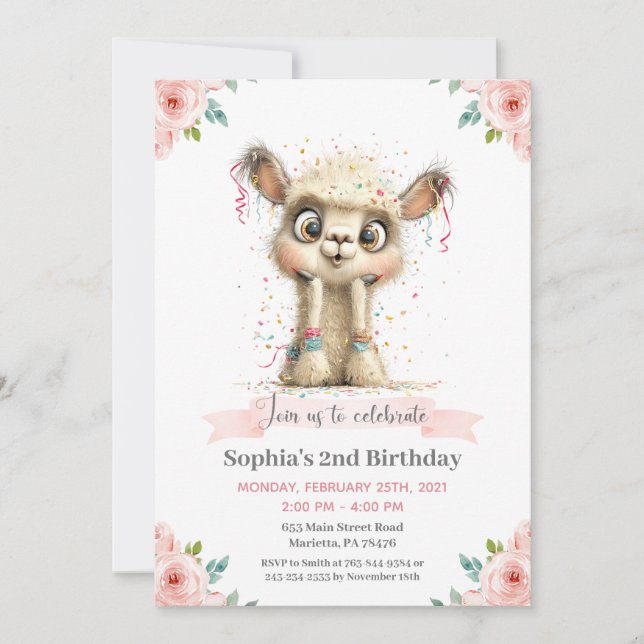 Invitación Llama Alpaca Floral Birthday Party (Anverso)