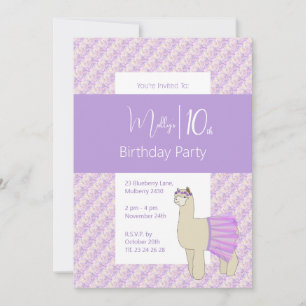 Invitación Llama Arcoíris Flores Purpura Cumpleaños 10 de las