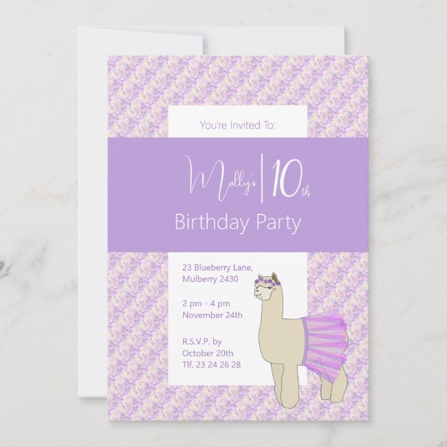 Invitación Llama Arcoíris Flores Purpura Cumpleaños 10 de las (Anverso)