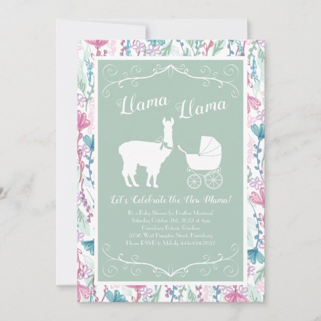 Invitación Llama Baby Shower Cute Green Gender Neutral (Anverso)