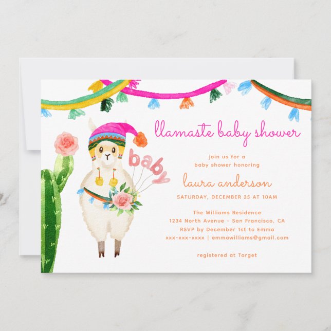 Invitación Llama Baby Shower mexicano colorido divertido (Anverso)