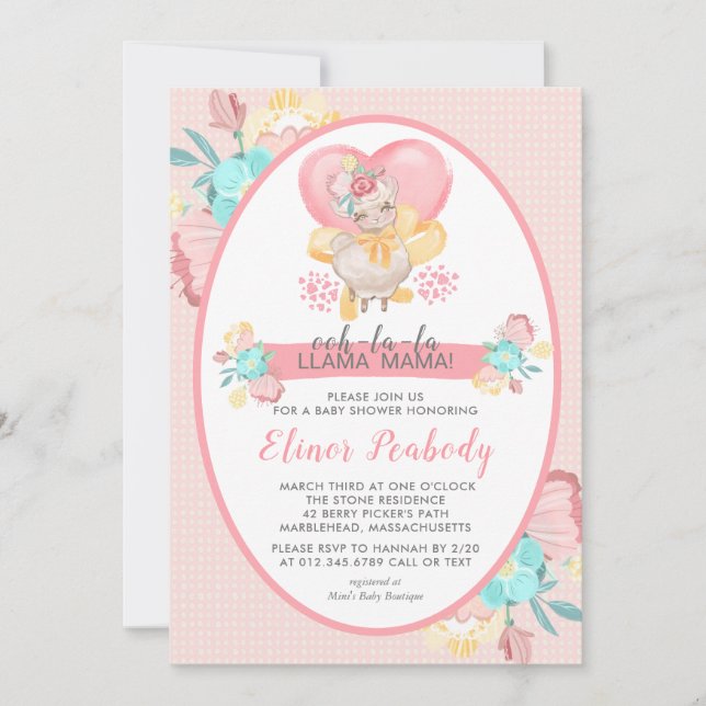 Invitación Llama Baby Shower Pink Floral (Anverso)