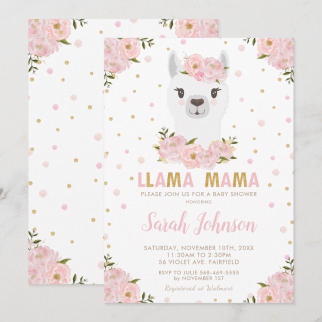 Invitación Llama Baby Shower Rubor Floral (Anverso / Reverso)