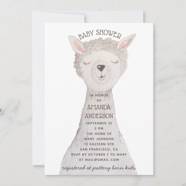 Invitación Llama Baby Shower | Sweet Watercolor Alpaca Animal (Anverso)