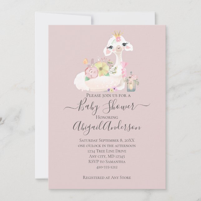 Invitación Llama bebé con flores blancas y rosas adorables (Anverso)
