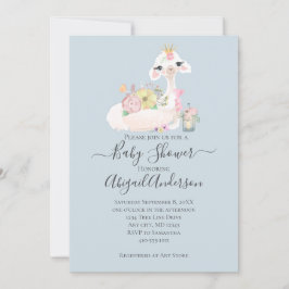 Invitación Llama bebé con flores de niño blanco y azul