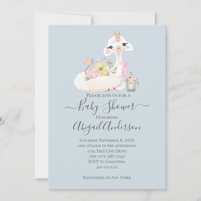 Invitación Llama bebé con flores de niño blanco y azul (Anverso)