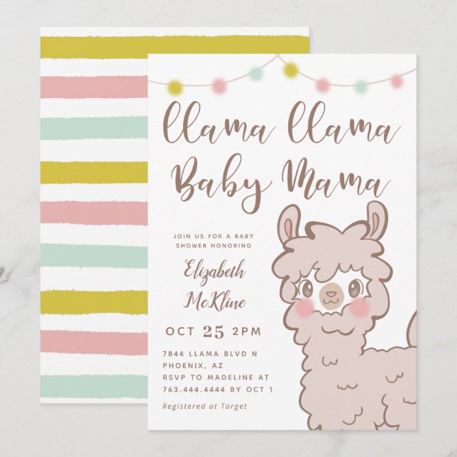 Invitación Llama bebé mamá género ducha neutral (Anverso / Reverso)