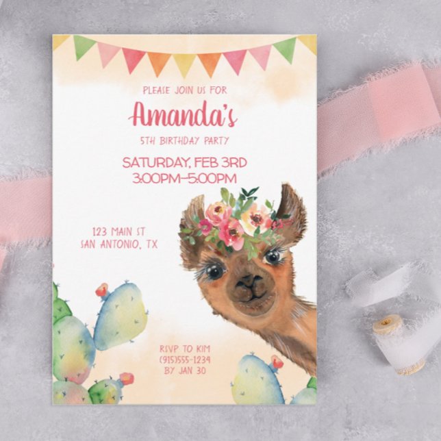 Invitación Llama Boho  (A boho llama birthday party invitation)