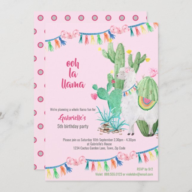 Invitación Llama Cactus Llama completa fiesta de cumpleaños d (Anverso / Reverso)