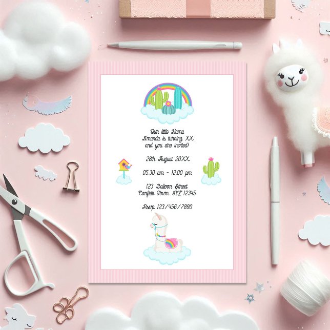 Invitación Llama caprichosa y niños arcoiris Fiesta de cumple (Whimsical Llama and Rainbow Kids Birthday Party Invitation)