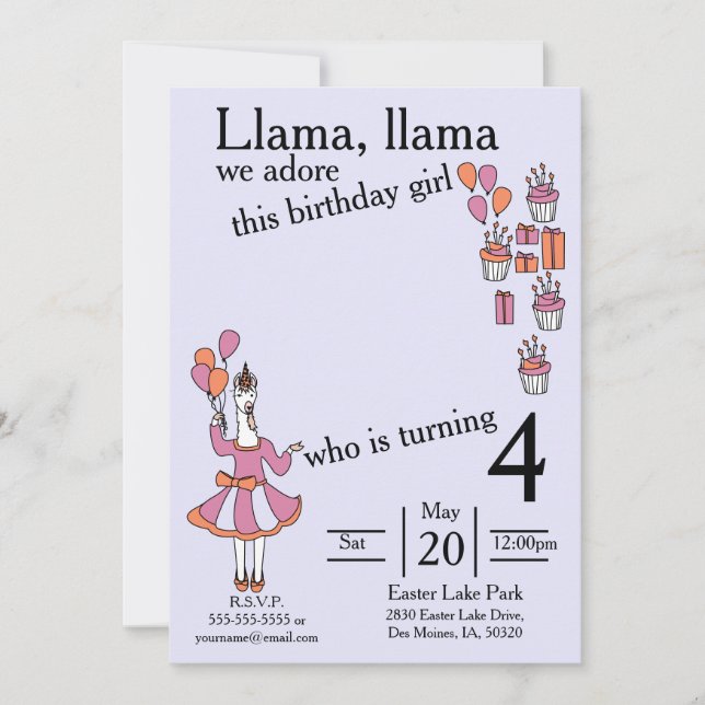 Invitación Llama Chica de cumpleaños lavendar y naranja (Anverso)