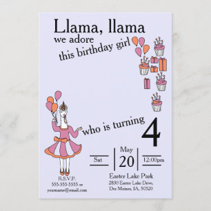 Invitación Llama Chica de cumpleaños lavendar y naranja