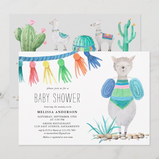 Invitación Llama colorida Baby Shower (Anverso / Reverso)